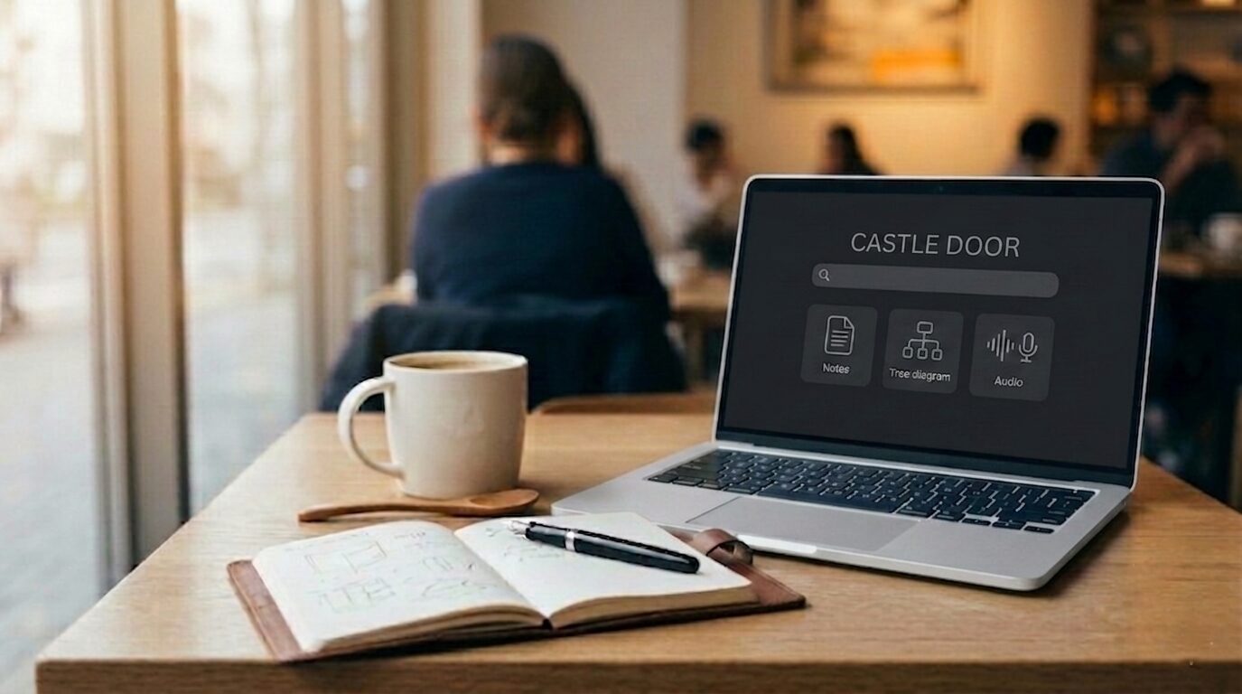 CASTLE DOOR カフェでノートPCを開いている様子