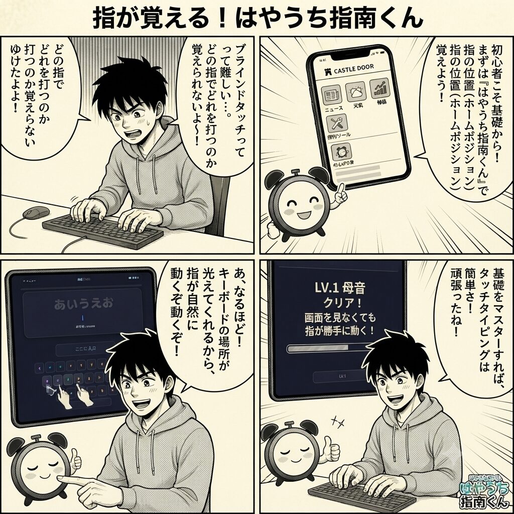はやうち指南くんの４コマ漫画での説明